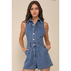 NWT Lulus Irresistible Days Medium Wash Denim Collared Sleeveless Romper Size M